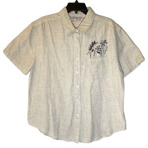 VINTAGE Bedford Fair women Large linen blend button up floral embroidered shirt